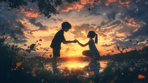 Gentle sunset moment as two children share a quiet promise