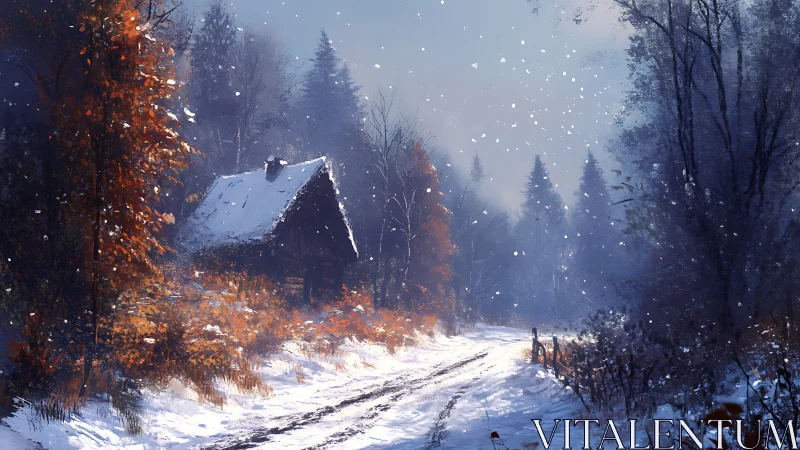 Snow covered cabin stands beside forest track in winter