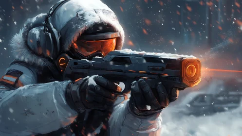 Futuristic Soldier Aims Energy Rifle in Blizzard.