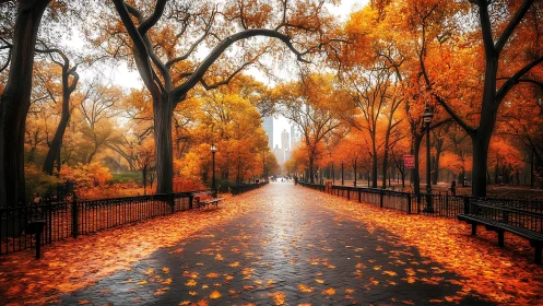 Photorealistic autumn promenade with architectural vanishing point.