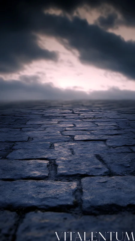Low-angle wet cobblestone pathway under stormlit horizon.