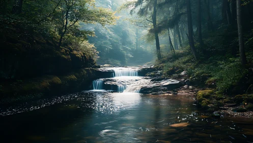 Forest stream with cascading waterfall and dappled sunlight.
