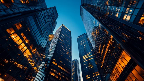 Skyscrapers glow with warm office lights against twilight sky.