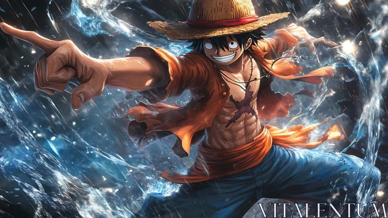 Energetic straw-hatted hero leaps through swirling water.