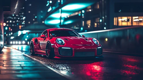 Crimson street racer hums beneath neon-soaked midnight towers