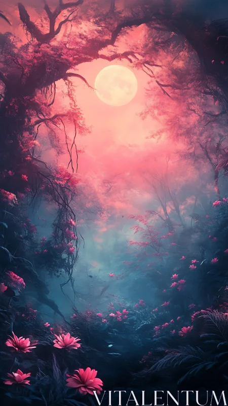 Luminous moonlit forest corridor with neon magenta blooms.