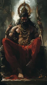 Mythic warrior ascends throne in chiaroscuro, gold and red armor