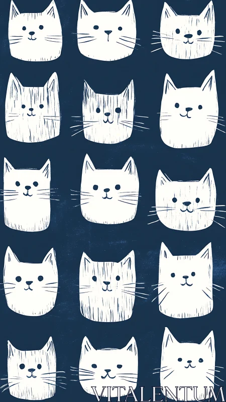 Hand-drawn cat faces in varied expressions on navy background.