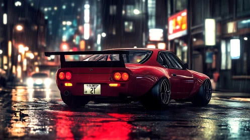 Retro red sports coupe in neon‑lit rainy urban street scene.