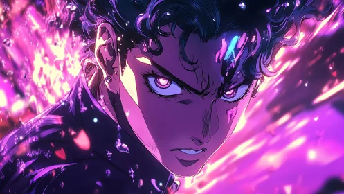 Violet storm aura engulfing fierce anime warrior portrait.