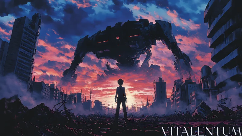 Lone figure confronts towering mech over ruined neon city
