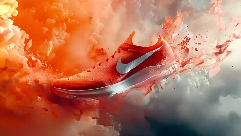 Orange running shoe floats amid dynamic smoke and splashes