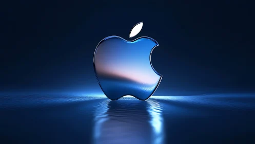 Glossy metallic apple logo glowing in calm blue light.