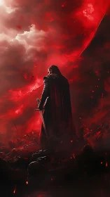 Lone warrior resting beneath swirling crimson skies.