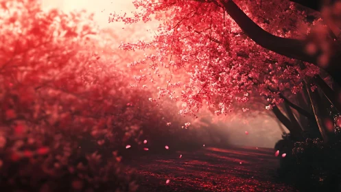 Sunlit cherry blossom tunnel glows in radiant crimson haze