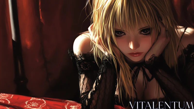 Melancholic blonde anime girl leans forward in red shadows.