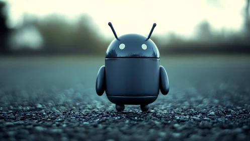 Glossy android-style robot figurine on asphalt at dusk