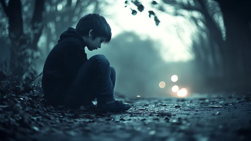 Solitary child seated on wet forest path at dusk.