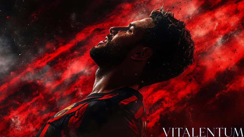 Firelit striker in crimson storm of competitive fury.