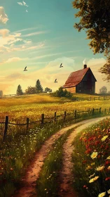 Sunlit country lane winding toward a quiet hilltop barn.