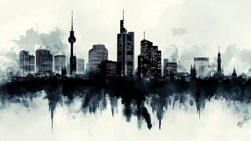 Monochrome skyline rises above mirrored ink-wash horizon