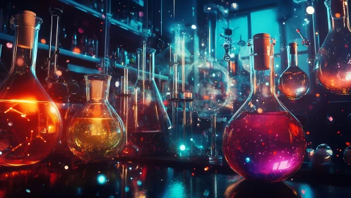 Alchemical lab of glowing potions in neon-lit scientific dream.
