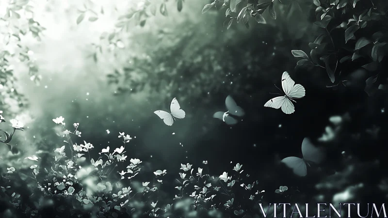 White butterflies drift through misty monochrome forest glade