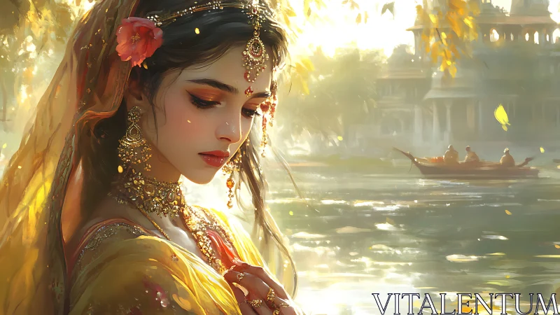 Digital painting shows woman in ornate attire beside river