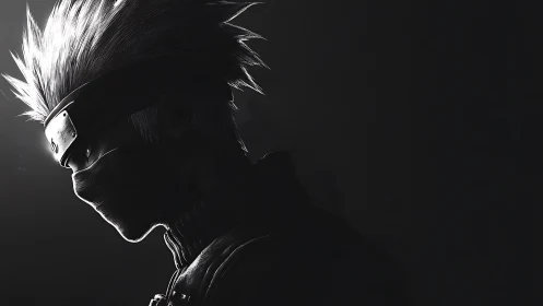 Shadow-lit masked warrior in monochrome storm of silence.