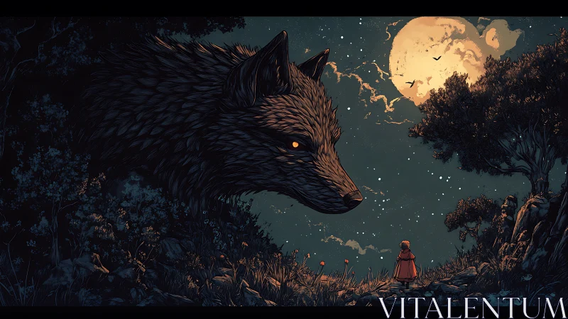 Digital painting of giant wolf and cloaked girl under moonlit sky.