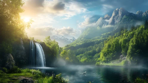 Sunlit mountain waterfall cascades into misted alpine lake