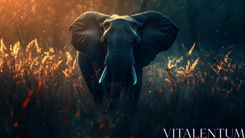 Gentle elephant strides through glowing twilight grasslands.
