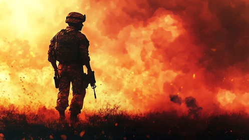 Lone soldier framed by blazing sunset of swirling fire.