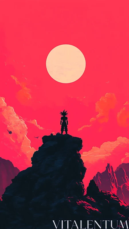 Lone warrior silhouette overlooks giant sun above cliffs