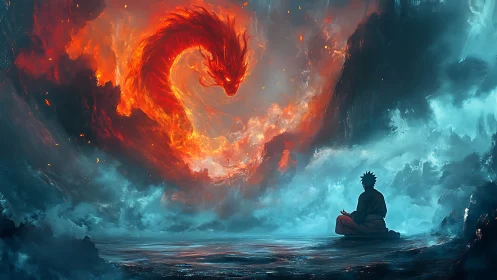 Fiery dragon spirit meets calm meditator in swirling storm