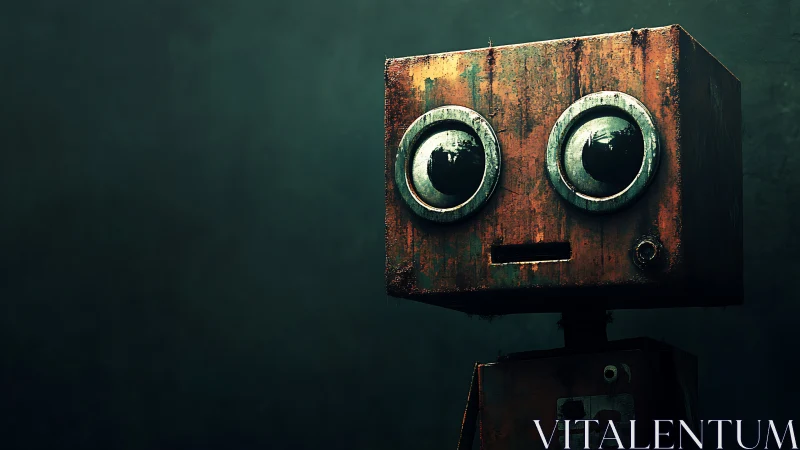 Rusty box-headed robot with large circular eyes stares ahead