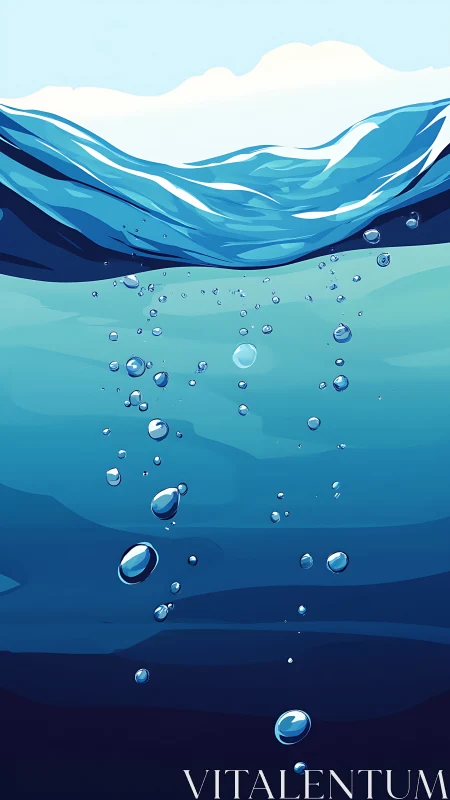 Gentle ocean waves and playful bubbles in tranquil blues.