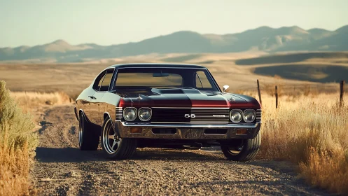 Classic black muscle car dominates sunlit desert track.