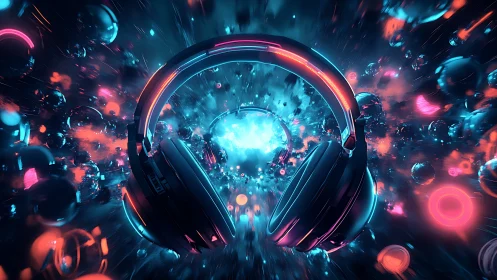 Neon headphones in explosive cyber audio vortex vision.