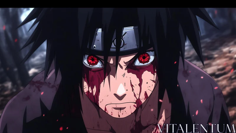 Bloodied anime warrior stares ahead with burning red eyes