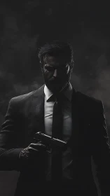 Brooding suited gunman emerges from shadowy darkness.