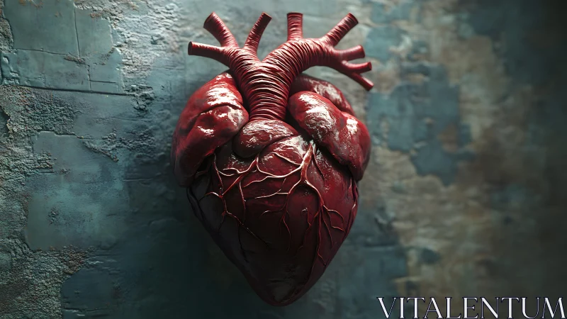 Realistic Anatomical Human Heart on Textured Wall, Dramatic Lighting.