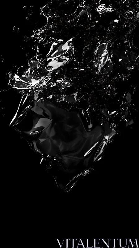 Gleaming liquid shapes drift in a deep, dramatic darkness