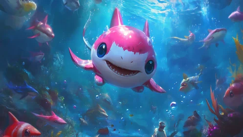 Bioluminescent pink baby shark in stylized coral reef habitat