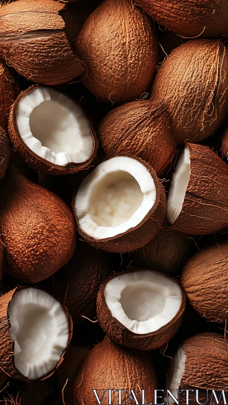 Macro cluster of halved coconuts with fibrous brown husks
