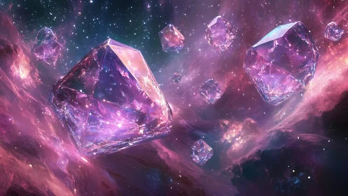Celestial crystal polyhedra drift through radiant nebulae.