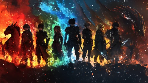 Elemental dragon riders aligned in blazing spectral arc.