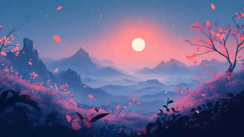 Serene pink and blue mountains under full moonlight period.