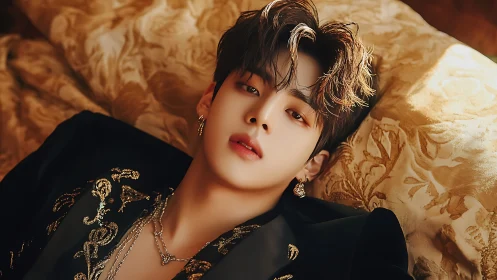 Opulent close-up portrait frames androgynous subject in golden light