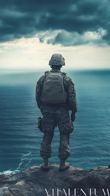Soldier in combat gear standing on cliff above rough sea.